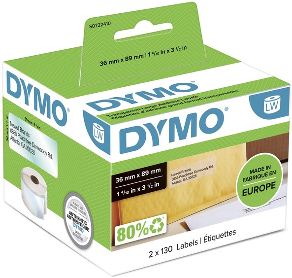 Etiket Dymo LabelWriter adressering 36x89mm 2 rollen á 130 stuks transparant - Afbeelding 2