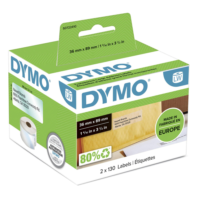 Etiket Dymo LabelWriter adressering 36x89mm 2 rollen á 130 stuks transparant - Afbeelding 3