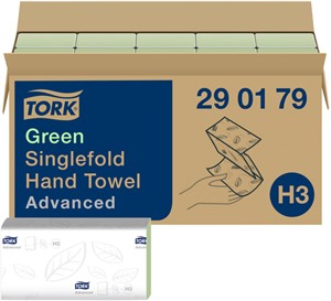 Handdoek Tork H3 Advanced singlefold 2-laags 248x230mm 15×250 vel groen 290179