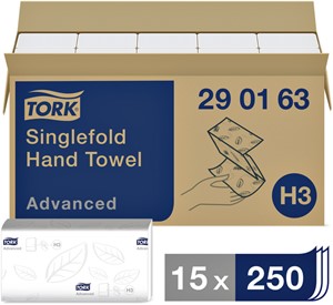 Handdoek Tork H3 Advanced singlefold 2-laags 248x230mm 15×250 vel wit 290163