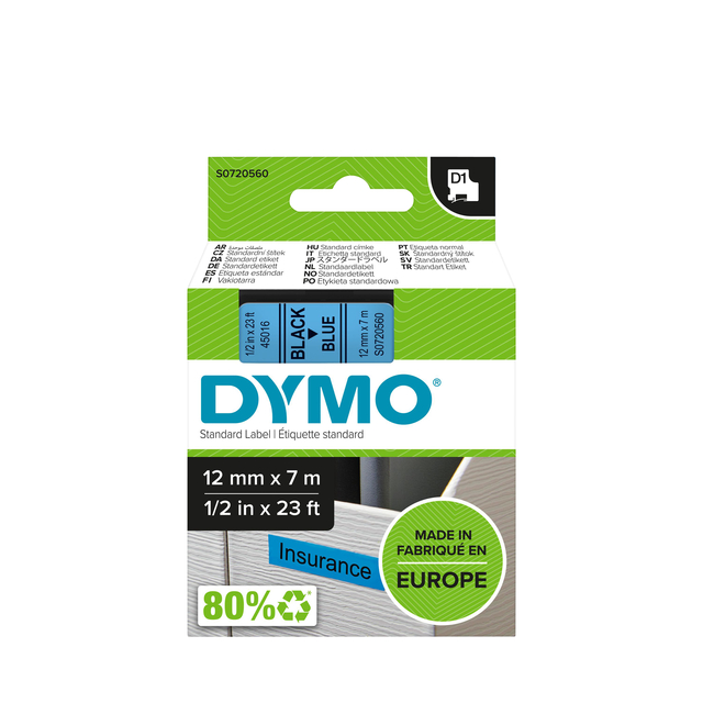 Labeltape Dymo LabelManager D1 polyester 12mm zwart op blauw - Afbeelding 3