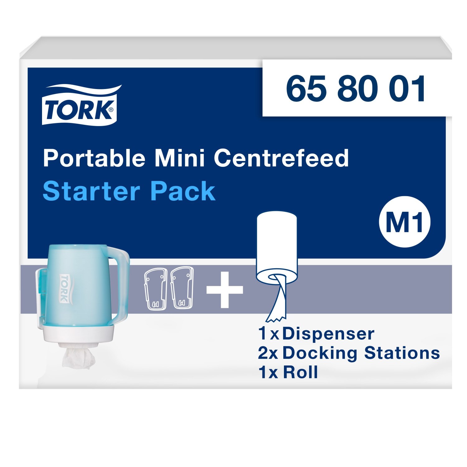 Tork Mini Centerfeed Dispenser poetspapier Startpakket – Kunststof – Performance-Line – Draagbaar – Wit/Turquoise