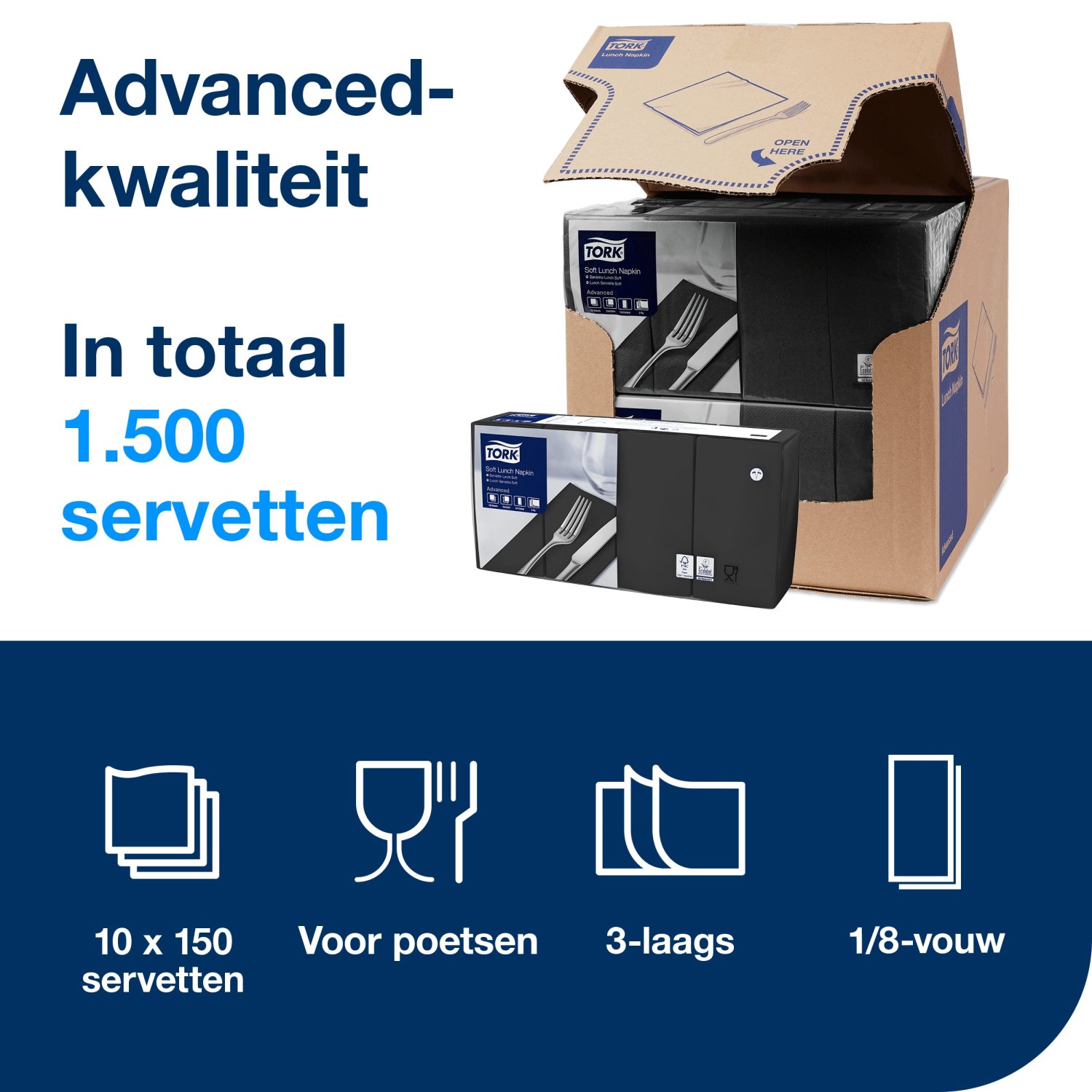 Tork Soft Lunchservet - Advanced - 33x33cm - 1/8-vouw - 3-laags - Zwart - Afbeelding 4