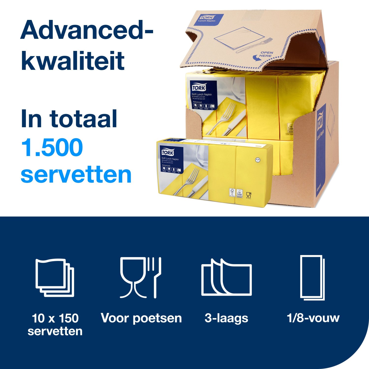 Tork Soft Lunchservet - Advanced - 33x33cm - 1/8-vouw - 3-laags - Geel - Afbeelding 4