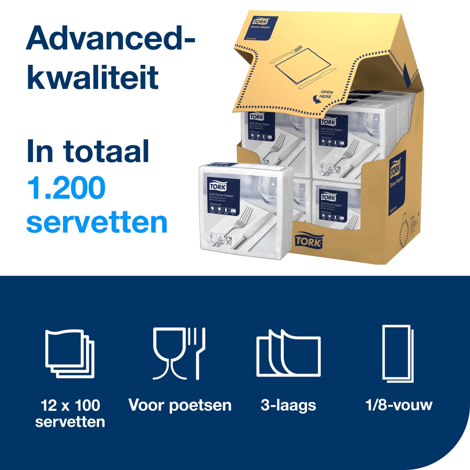 Tork Soft Dinnerservet - Advanced - 39x39cm - 1/8-vouw - 3-laags - Wit - Afbeelding 4