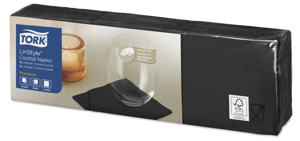 Tork LinStyle – Cocktailservet – Premium – 23x23cm – 1/4-vouw – 1-laags – Zwart – 1.500st
