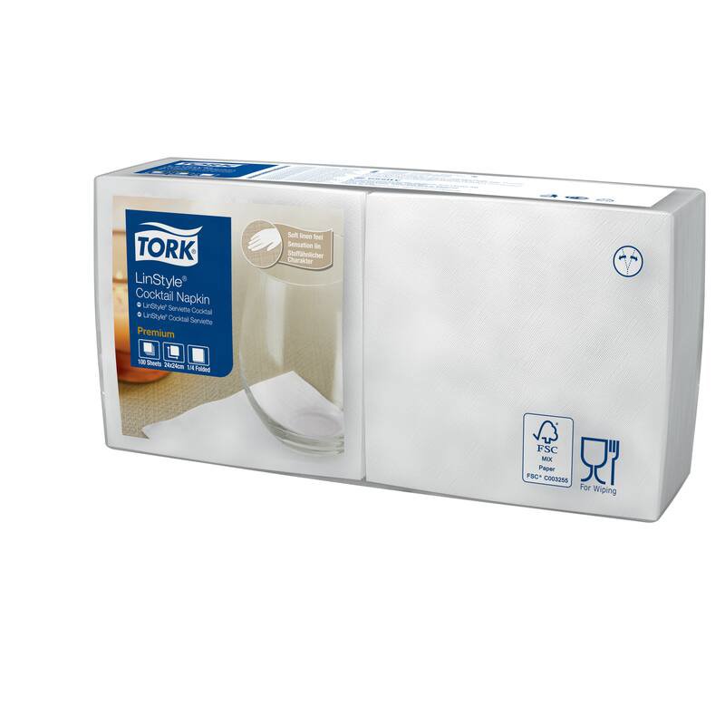 Tork LinStyle® Cocktailservet Premium 1-laags wit 24x24cm ¼-vouw 14x100st 1.400st/doos