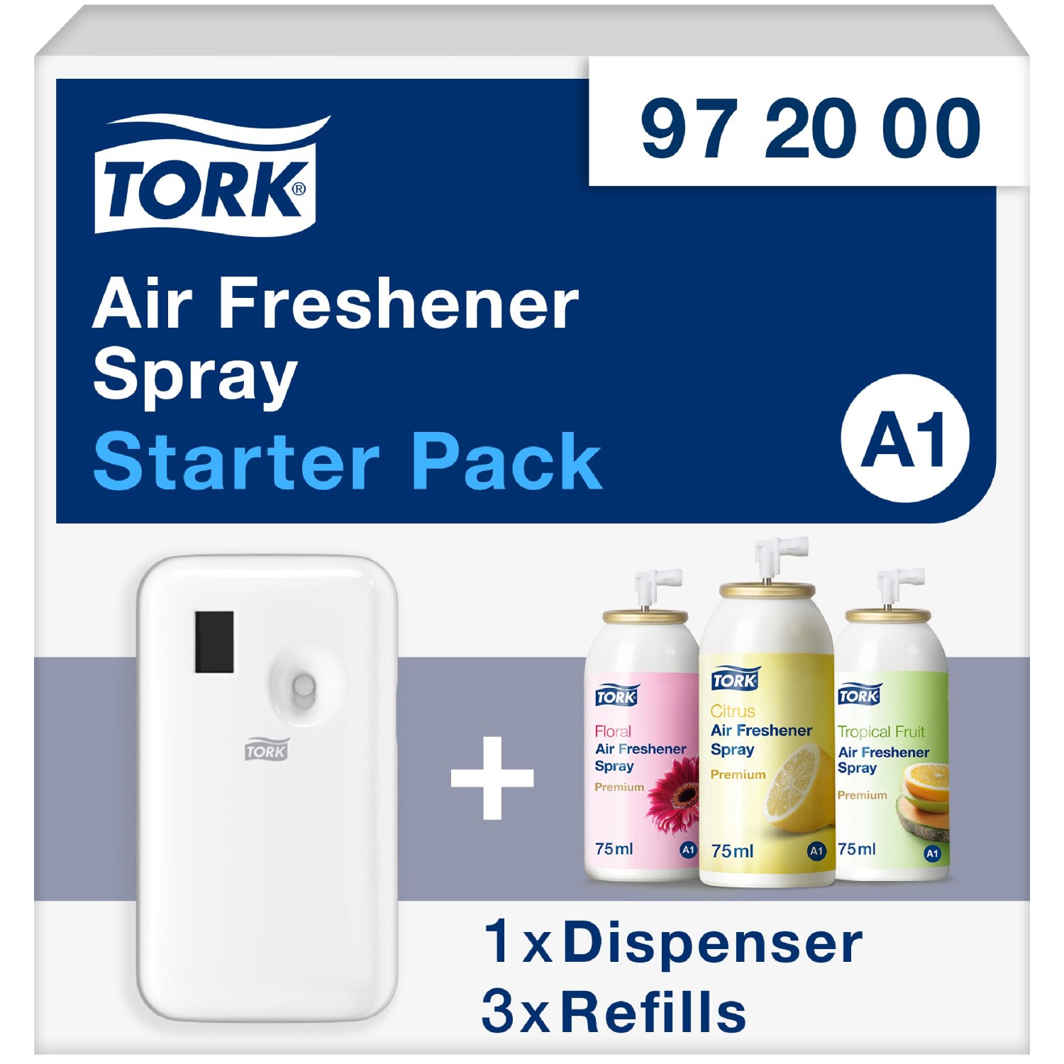 Tork Luchtverfrisser Spray Startpakket: 1 luchtverfrisser – 3 busjes navulling