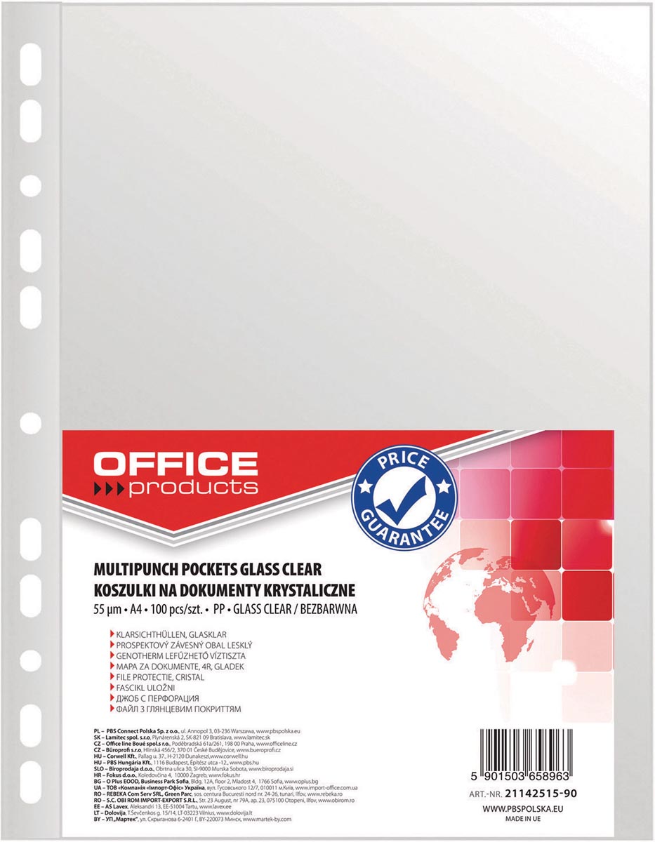 OFFICE products geperforeerde showtas, A4, 55 micron, glashelder, pak van 100 stuks