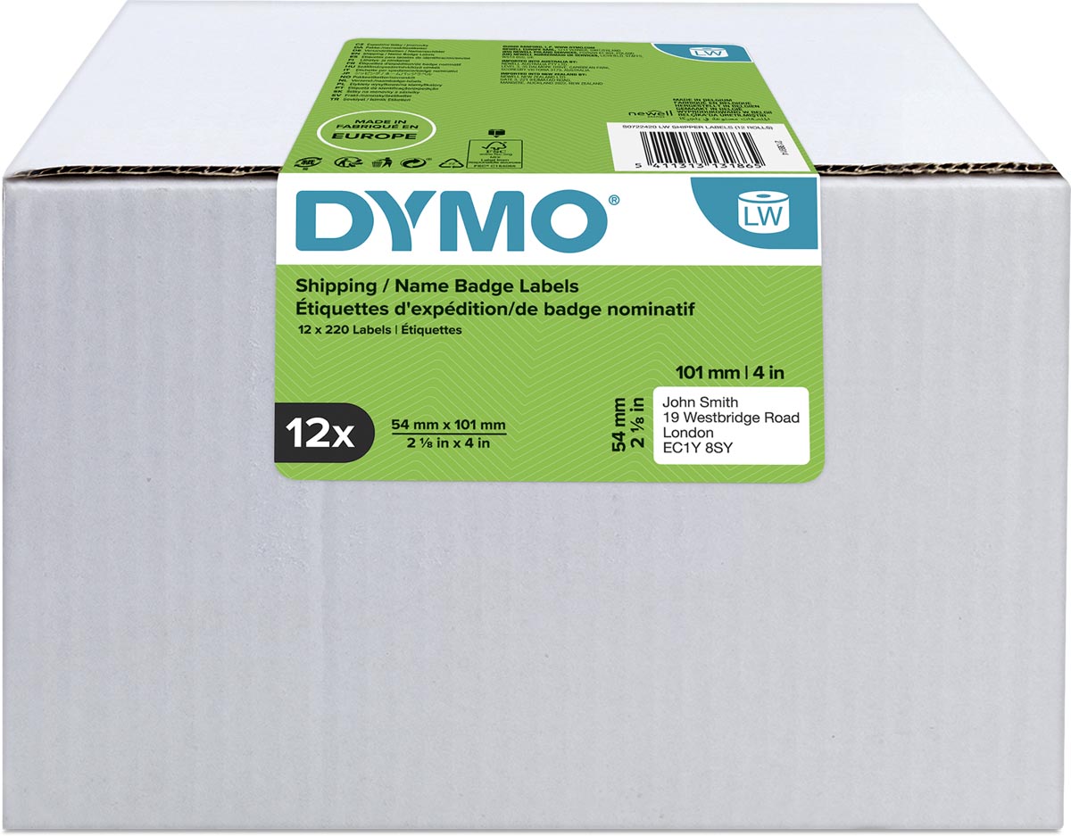 Dymo Value Pack: etiketten LabelWriter ft 101 x 54 mm, wit, doos van 12 x 220 etiketten