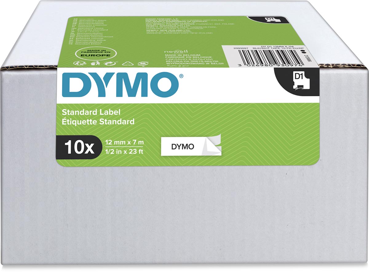 Dymo 45013 D1 tape 12 mm, zwart op wit, pak van 10 stuks
