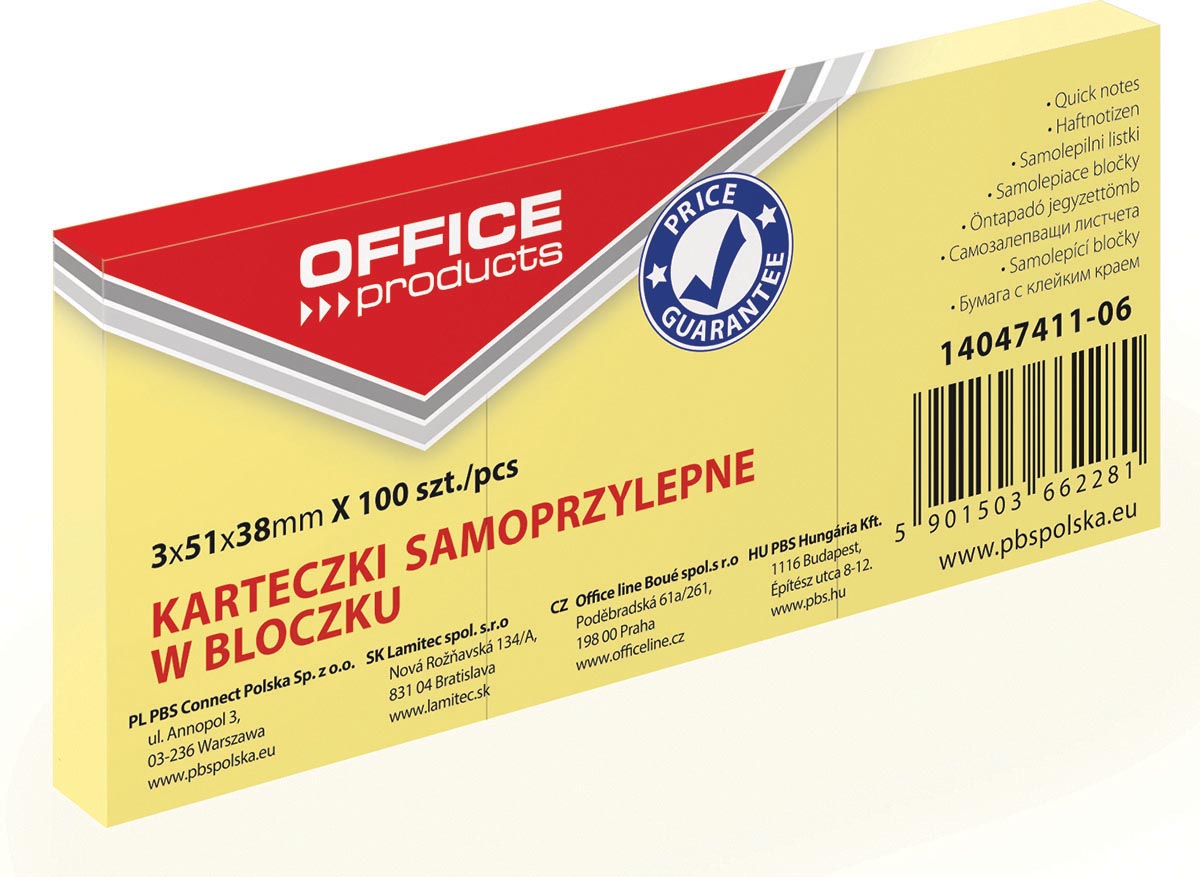 OFFICE products memoblok, 38 x 51 mm, 100 vel, geel