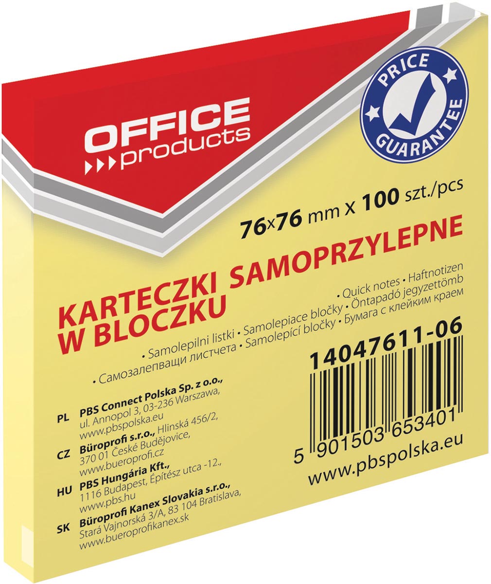 OFFICE products memoblok, 76 x 76 mm, 100 vel, geel