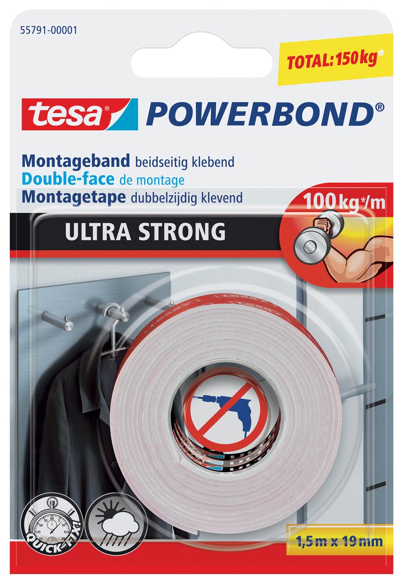 Tesa Powerbond montagetape Ultra Strong, dubbelzijdig ft 19 mm x 1,5 m, wit, op blister
