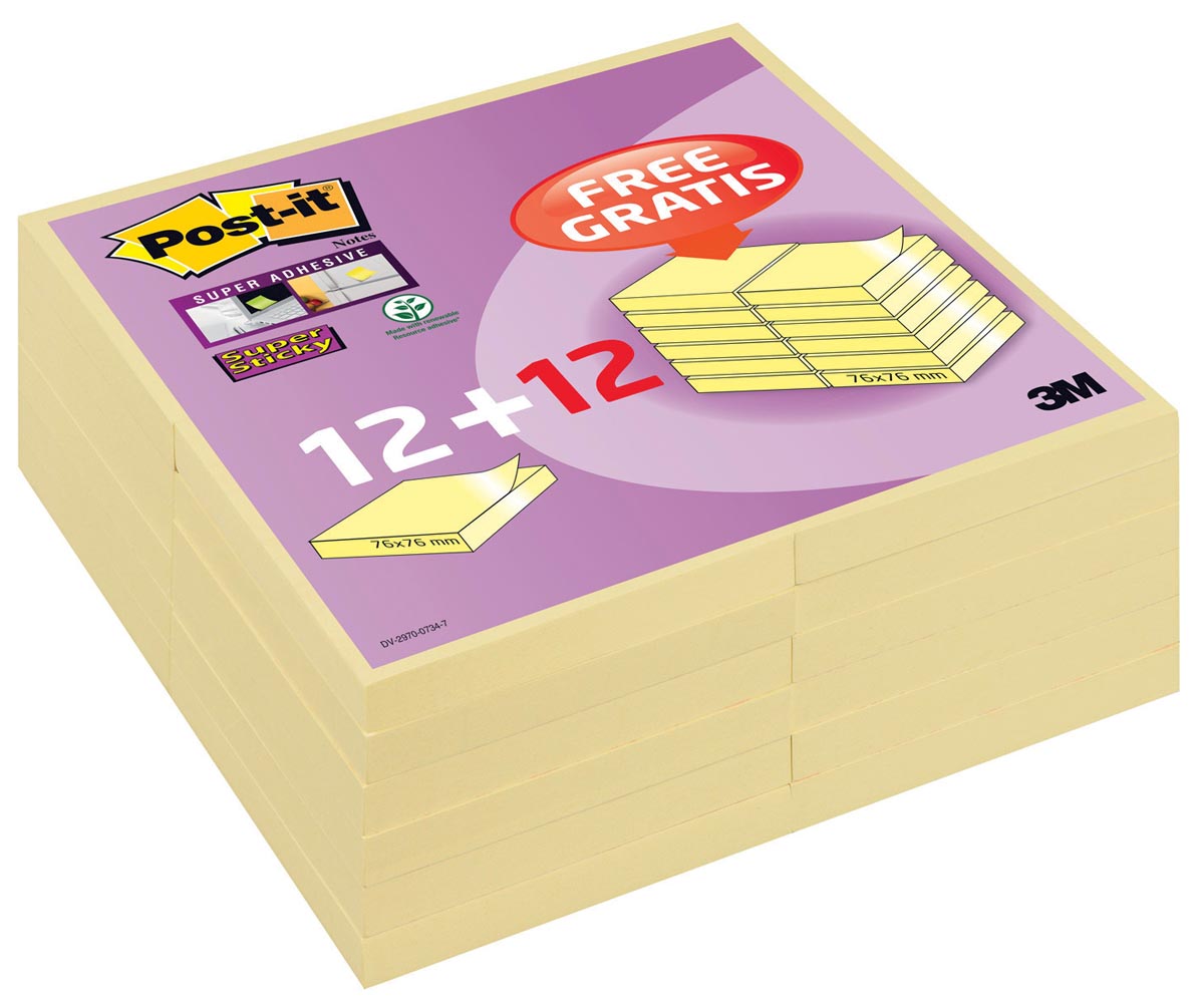 Post-it super Sticky notes, 90 vel, ft 76 x 76 mm, geel, pak van 12 blokken + 12 gratis
