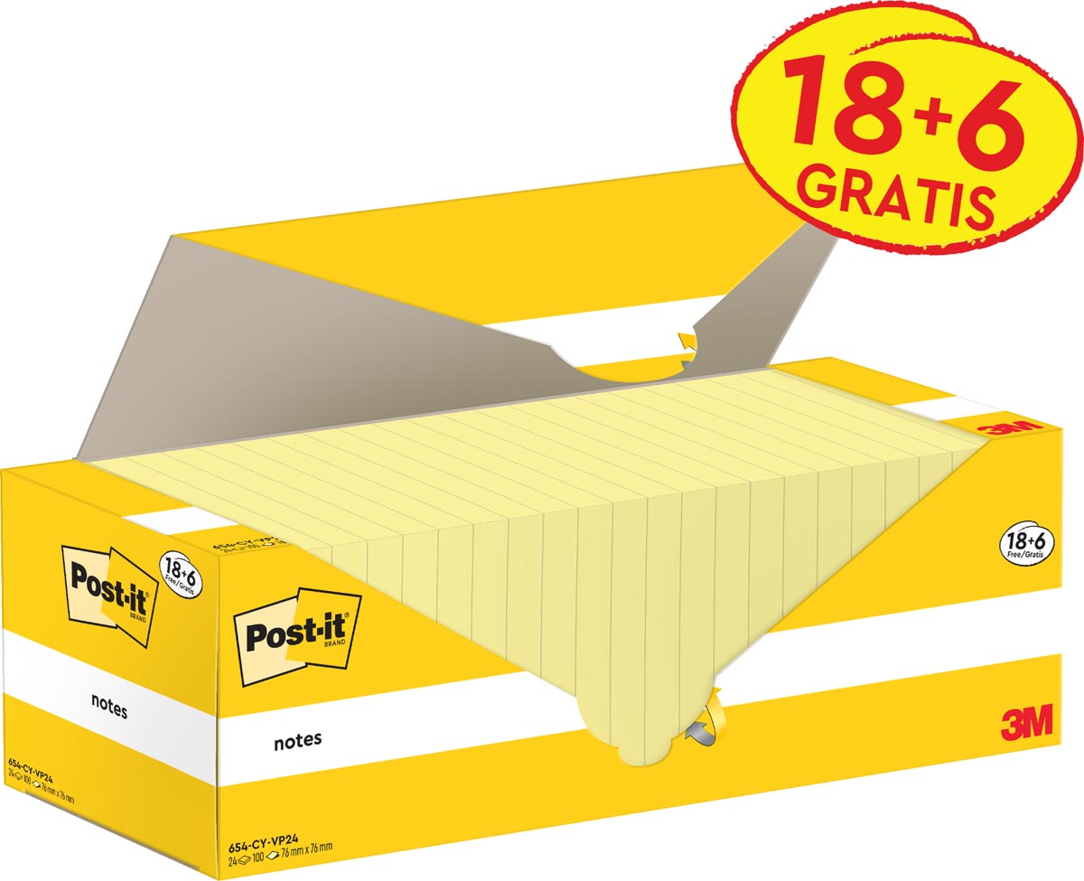 Post-it Notes, 100 vel, ft 76 x 76 mm, kanariegeel (canary yellow), 18 blokken + 6 GRATIS