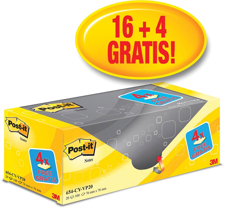 Post-it Notes, 100 vel, ft 76 x 76 mm, geel, pak van 16 blokken + 4 gratis - Afbeelding 2