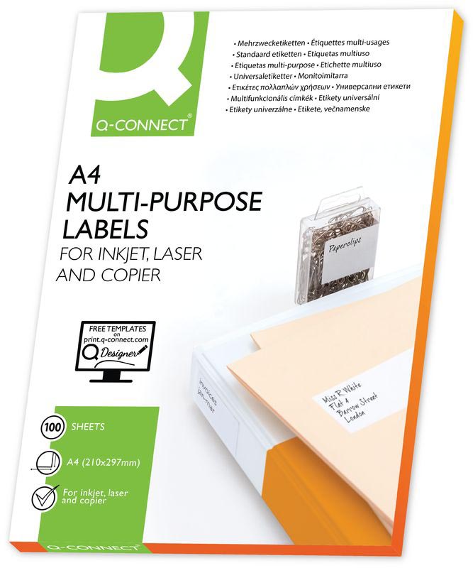 Q-CONNECT etiketten, wit, rechte hoeken, 210 x 297 mm, 100 vel, 1 etiket per vel
