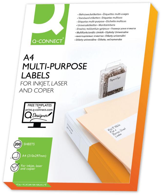 Q-CONNECT etiketten, wit, rechte hoeken, 105 x 148,5 mm, 200 vel, 4 etiketten per vel