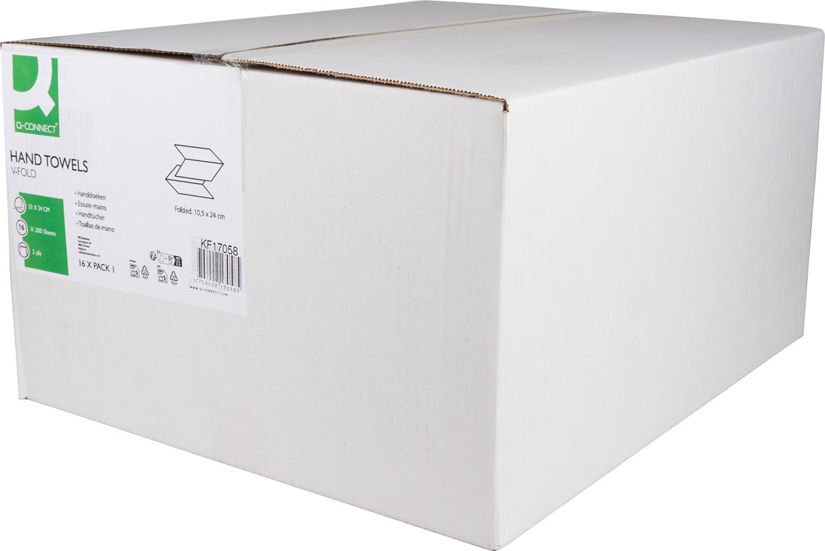 Q-CONNECT handdoek, papier, V-vouw, 2-laags, 200 vel, pak van 16 stuks