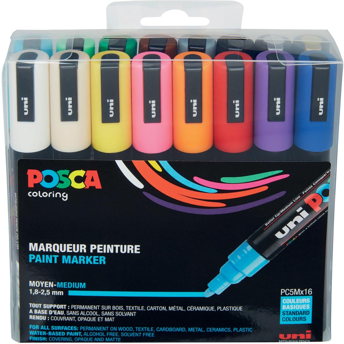 Uni POSCA paintmarker PC-5M, 1,8 – 2,5 mm, etui van 16 stuks in geassorteerde kleuren