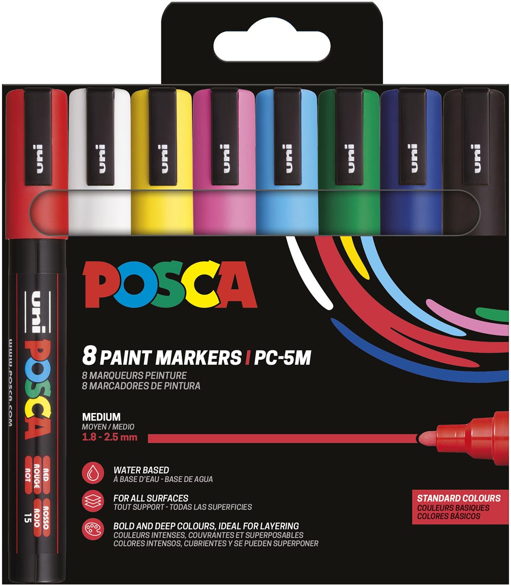 Uni POSCA paintmarker PC-5M, 1,8 – 2,5 mm, etui van 8 stuks in basiskleuren