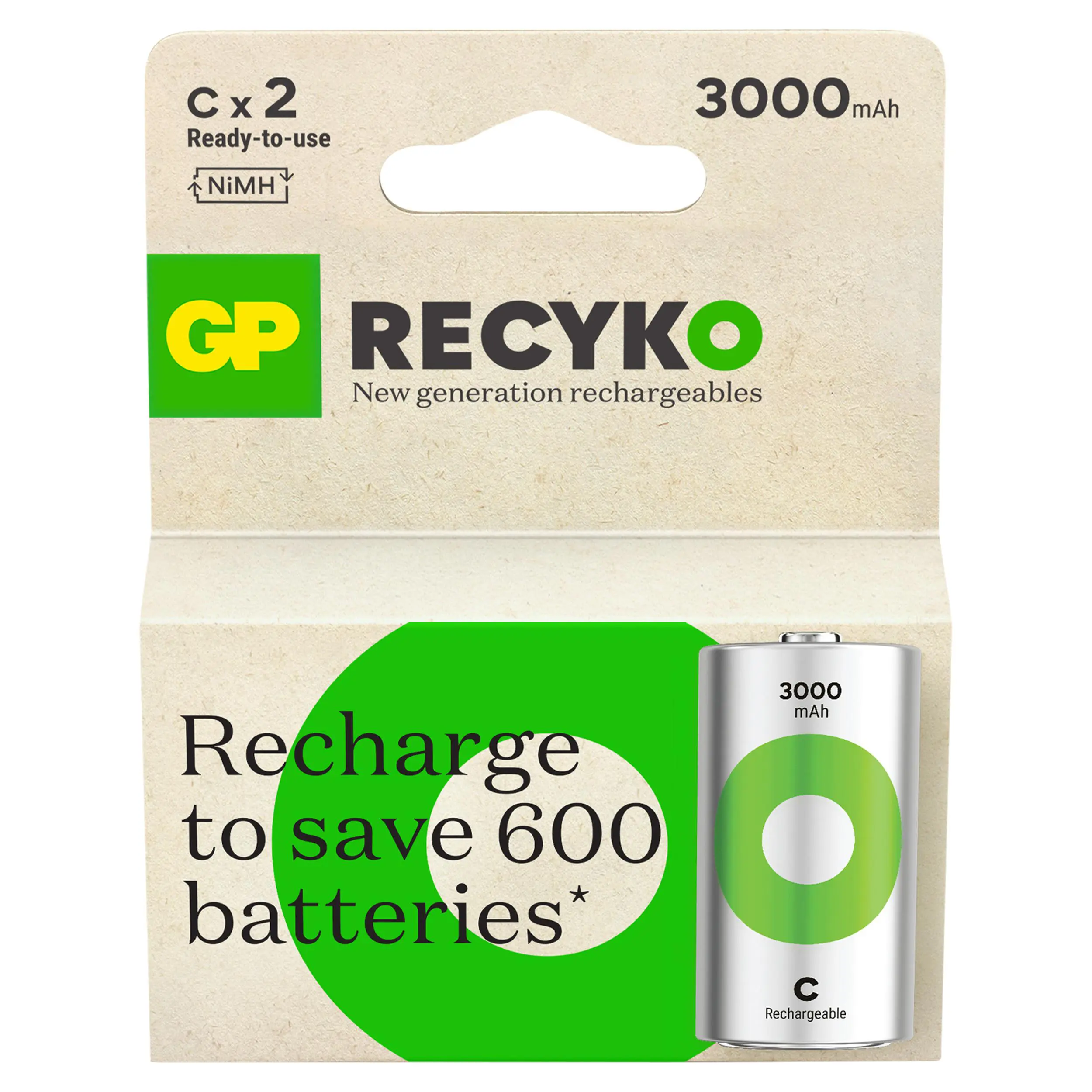 C Baby batterij Oplaadbaar GP NiMH 3000 mAh ReCyko 1,2V 2 stuks
