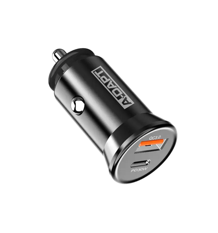 Autolader 1x PD3.0 30W + 1x USB QC3.0 18W zwart