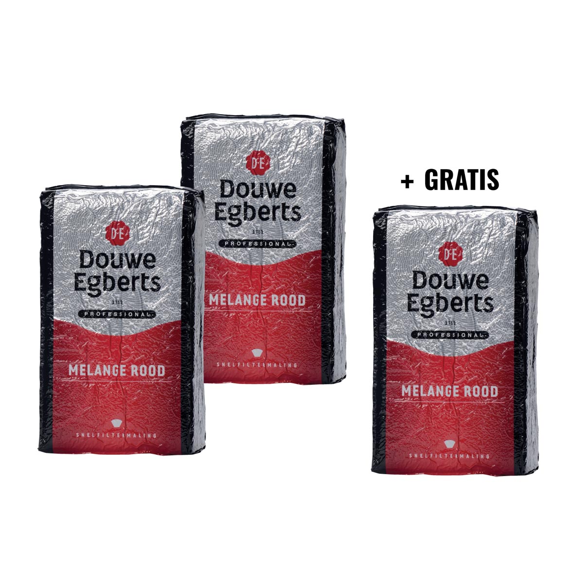 ACTIE DOUWE EGBERTS: 2 +1 GRATIS: Gemalen koffie voor snelfilters Rood, pak van 1 kg