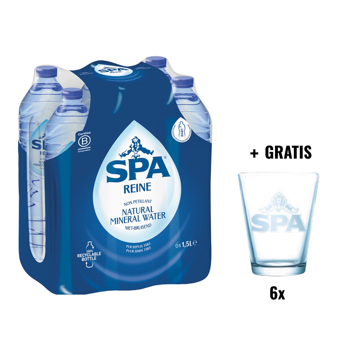 ACTIE SPA: 1 x Spa Reine water, fles van 1,5 liter, pak van 6 stuks + 1 x Spa glas, 6 stuks